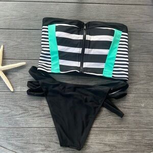 Black and White Strapless Strappy Bikini Thong Set Sz L